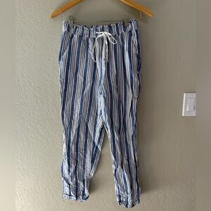 LOFT Blue White Striped Linen Blend Drawstring Pants XS